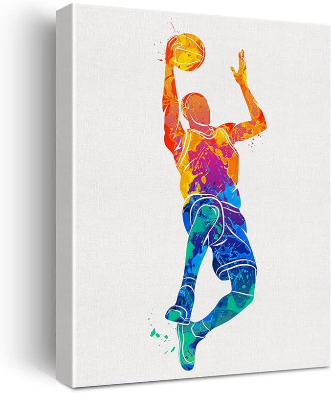 篮球水彩墙 jumpman 篮球帆布画 家庭办公室墙壁装饰 框架运动艺术品